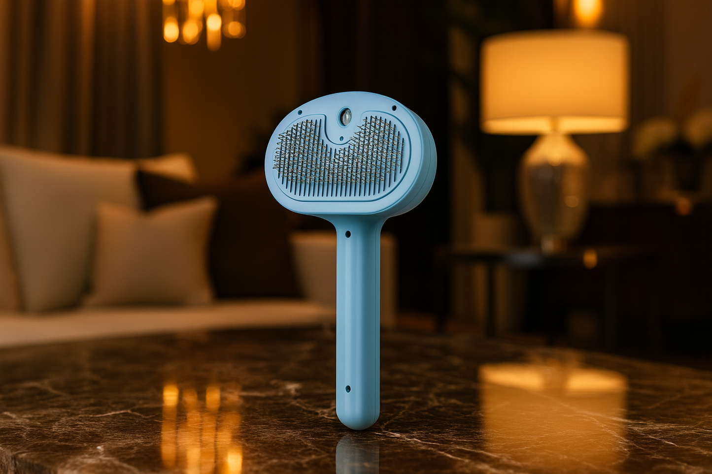 Premium blauwe huisdierenborstel in luxe interieur