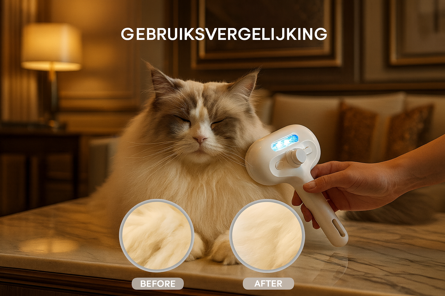 Premium huisdierenborstel gebruiksvergelijking met luxe raskat