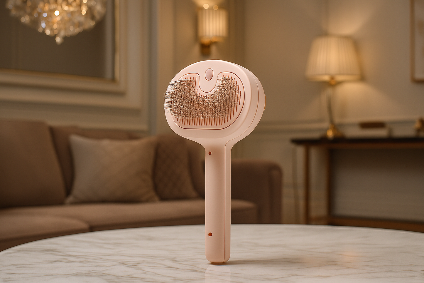 Premium roze huisdierenborstel in luxe interieur